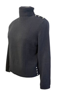 Mainbocher 100% Pure Cashmere Convertible Turtleneck Sweater Black XL Faux Pearl